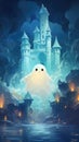 A translucent ghost in front of a castle, manga style