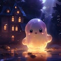 A translucent ghost in front of a castle, manga style