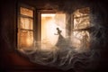 A translucent Ghost in the window of an old house, in the style of meticulous surrealism.