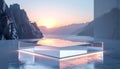 Translucent Glass Platform Reflecting Golden Sunset Over Water with Pixelated Mountains Royalty Free Stock Photo