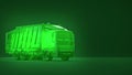 Translucent glowing green dump trash truck with recycle symbol on green background. concept of ecology dump operations