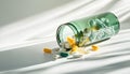 translucent green pill bottle tipped over with mixed capsule types inside, set on a high-gloss white table for a Royalty Free Stock Photo