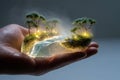 Translucent hand cradles a glowing miniature ecosystem with trees and flowing rivers in an enchanting display of natures beauty Royalty Free Stock Photo