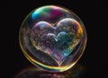 Translucent heart shaped soap bubbles with light rainbow shining on black background Royalty Free Stock Photo