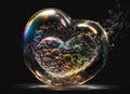 Translucent heart shaped soap bubbles with light rainbow shining on black background Royalty Free Stock Photo