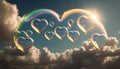 Translucent heart shaped soap bubbles with light rainbow shining on sunny sky background Royalty Free Stock Photo