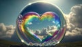 Translucent heart shaped soap bubbles with light rainbow shining on sunny sky background Royalty Free Stock Photo