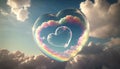 Translucent heart shaped soap bubbles with light rainbow shining on sunny sky background Royalty Free Stock Photo