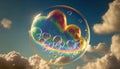 Translucent heart shaped soap bubbles with light rainbow shining on sunset sky background Royalty Free Stock Photo