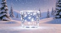 Translucent Ice Block Adorned with Snowflakes in a Snowy Winter Landscape with Pine Trees Royalty Free Stock Photo
