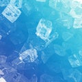Translucent ice cubes of varying sizes are scattered across a blue background. The Royalty Free Stock Photo
