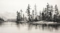 Translucent Layers: Black And White Sketch Of Pine Trees By The Lake