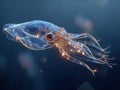 Translucent, luminescent octopus floating through sparkling, dark blue water - AI-Generated Royalty Free Stock Photo