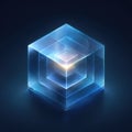 Abstract glowing geometric cube with nested layers and bright center on dark background Royalty Free Stock Photo