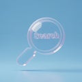 A translucent magnifying glass icon with the word \