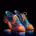 Translucent men\'s shoes on a dark background, gradient transition of the color spectrum, pointillism