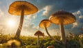 Translucent Mushrooms in Sunlit Field Royalty Free Stock Photo