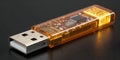 Translucent orange USB flash drive showing internal electronic circuitry on dark surface Royalty Free Stock Photo