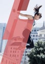 Translucent pink blocks of colour with copy space over caucasian woman exercising and jumping