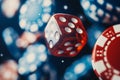 A translucent red dice and casino chips are displayed in a still image Royalty Free Stock Photo