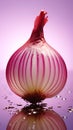 Translucent red onion layers artfully presented on a pink purple reflective surface