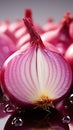 Translucent red onion layers artfully presented on a pink purple reflective surface