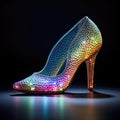 Translucent shoes on a dark background, gradient transition of the color spectrum, pointillism