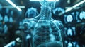 A translucent skeletal structure, illuminated by blue light, with focus on the chest and neck Royalty Free Stock Photo