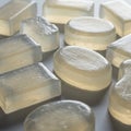 Translucent soap bars in oval and rectangular shapes are arranged on a surface. The Royalty Free Stock Photo