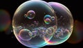 Translucent soap bubbles with light rainbow shining on black background Royalty Free Stock Photo