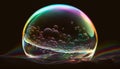 Translucent soap bubbles with light rainbow shining on black background