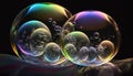 Translucent soap bubbles with light rainbow shining on black background