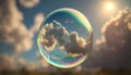 Translucent soap bubbles with light rainbow shining on sunny sky background