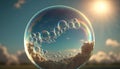 Translucent soap bubbles with light rainbow shining on sunny sky background