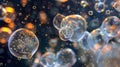 A of translucent spheres each no larger than a pinhead drifting through a sea of microscopic organisms. Each sphere has