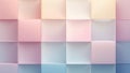Translucent squares in pastel pink and light blue overlap, creating a smooth visual composition with soft shadows and a subtle