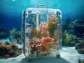 Translucent suitcase with fishes and corals inside, on the bottom of the ocean, AI-generated illustration Royalty Free Stock Photo