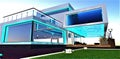 Translucent turquoise water is visible in a glass bottom pool. Amazing sunny day. Upscale design of the modern mansion managed by
