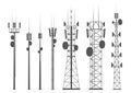 Transmission cellular towers silhouette. Mobile and radio communications towers with antennas for wireless connections