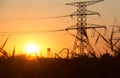 Transmission power line silhouette on sunset Royalty Free Stock Photo