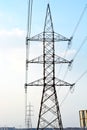 A transmission tower, electricity pylon that used to support overhead high voltage electric pillar power lines Royalty Free Stock Photo