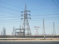 A transmission tower, electricity pylon which is a tall steel lattice structure that used to support overhead high voltage power Royalty Free Stock Photo