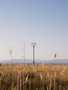 Transmission tower between a straw field Royalty Free Stock Photo