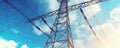 Transmission tower supporting overhead high-voltage power lines up close. generative ai