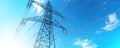 Transmission tower supporting overhead high-voltage power lines up close. generative ai