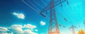 Transmission tower supporting overhead high-voltage power lines up close. generative ai Royalty Free Stock Photo