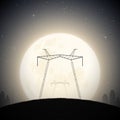 Transmission towers and big full moon. Night industrial landscape Royalty Free Stock Photo