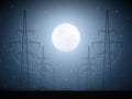 Transmission towers. Industrial landscape. Blue moonlight starry night