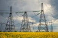 Transmission towers in the middle of a yellow canola field in bloom. High voltage power line at Spring Royalty Free Stock Photo