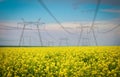 Transmission towers in the middle of a yellow canola field in bloom. High voltage power line at Spring Royalty Free Stock Photo